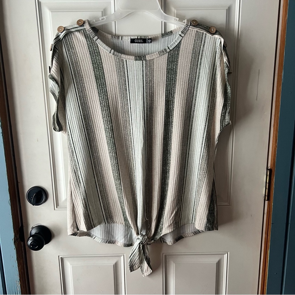 Cure. Women’s Chic Striped Green and Cream lightweight shirt  with Button Detail